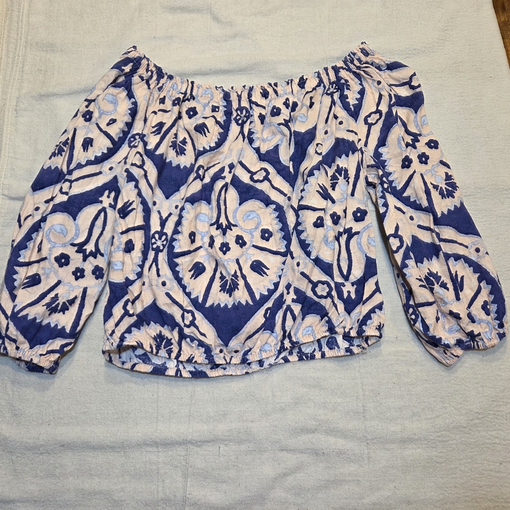 Christian Siriano Blue and Cream Patterned Top